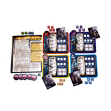 Board game components including cards, dice, and character sheets on a white background