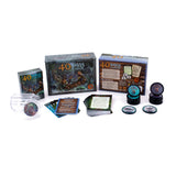 Collection of '40 Waves' board game components including cards, dice, and box on a white background