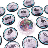 Collection of round game tokens with various designs on a white background