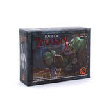 Board game box titled 'Rage of Tyranny' featuring a green character on a white background