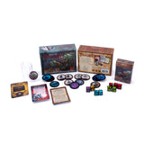 Collection of 'Age of Tyranny' game components including cards, dice, and boxes on a white background