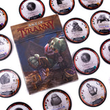 Board game packaging for 'Rage of Tyranny' surrounded by game cards on a white background
