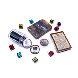 Collection of dice, dice storage container, and game cards on a white background