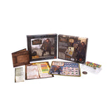Board game components including cards, dice, and box on a white background