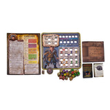 Board game components including cards, dice, and a box on a white background