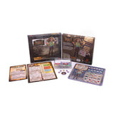 Board game components including cards, dice, and box on a white background