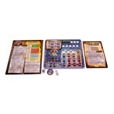 Board game components including cards and a character figure on a white background
