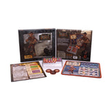 Board game components including boxes, cards, and dice on a white background