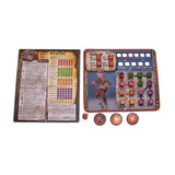 Board game components including character cards and status trackers on a white background
