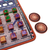 Board game with dice and game pieces on a board