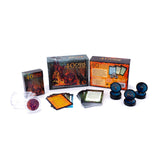 Collection of '40 Caves' board game components including cards and boxes on a white background
