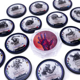 Collection of round game tokens with various designs on a white background
