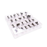 Set of small metal figurines in a clear plastic case on a white background