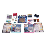 Collection of board game components including cards, dice, and character sheets on a white background