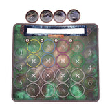 Gameboard with numbered and lettered circles, surrounded by small round tiles on a white background.