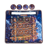 Game board with wooden design and circular markers on a blue and brown background