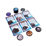Card game with character cards and round token pieces on a white background