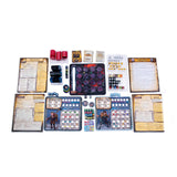 Collection of board game components including cards, dice, and character sheets on a white background
