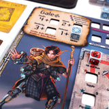 Card with a character illustration and game components on a white surface