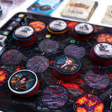 Board game with character tokens and cards on a map