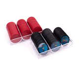 Red and black poker chips with blue numbers in a clear plastic holder on a white background