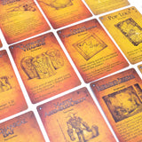 Collection of game cards with various illustrations and text on a matching background