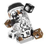 Tumbler with dice and cat-themed design on a white background