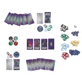 Collection of cards and game pieces on a white background