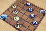Wooden board game with bottle cap pieces on a wooden surface