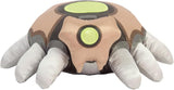 Plush toy resembling a robot spider with a green light on a white background
