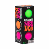 Box of Teenie Nee Doh with green, orange, and pink balls on a white background