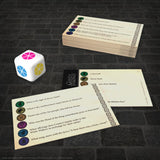 Game of Thrones themed cards and dice on a textured surface