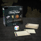 Trivial Pursuit Game of Thrones board game set with packaging, cards, and dice on a dark surface.