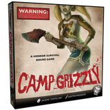 Front and spine view of the board game box for Camp Grizzly Second Edition. The box art shows a stylized woman holding an axe with a grizzly bear on her chest, on a distressed beige background with large red title text and black side panel.