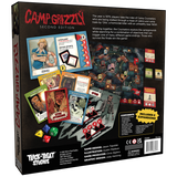 Back of the Camp Grizzlies Second Edition board game box by Trick-Treat Studios, showing the game board, cards, dice, and components on a black background with product text and branding.