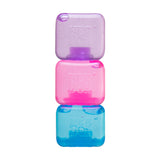 Three colorful water bottles stacked on a white background