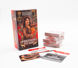 The Princess Bride card game set on a white background, featuring the illustrated game box, a stack of red-backed cards, and several face-up cards including 'HELLO' and 'PREPARE TO DIE!'.