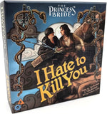 Board game box for 'The Princess Bride: I Hate to Kill You' featuring illustrated artwork of a princess and pirate with swords, wrapped in vines, on a blue background.
