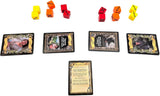 Board game components including cards and dice on a white background