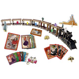 Board game components including cards and pieces on a white background