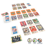 Collection of colorful game cards with character illustrations on a white background