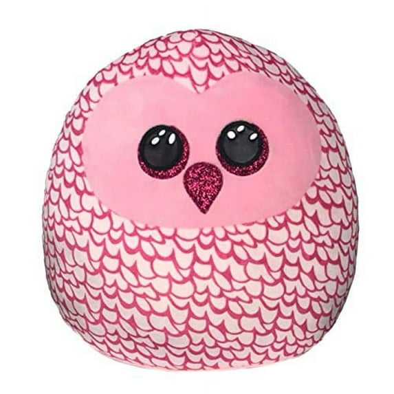 Pink plush owl with black eyes and a heart nose on a white background