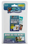World's Smallest Family Edition 'What Do You Memе?' party game in its original clear plastic retail packaging, featuring blue and white graphics with a cartoon dog logo.