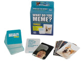 The 'What Do You Meme?' Family card game set, including the blue and teal game box, a stack of teal cards, a single card, and several face-up cards displaying funny meme images on a white background.