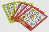A fan of Zing! sensory cards fanned out on a light gray background. The cards feature bright red-orange borders with a white grid containing black line drawings and text labels, while the cards behind them have lime green borders.