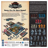 Board game box for 'Valhalla' with game components and character figures displayed.