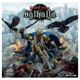 Board game cover of 'Blood Rage Valhalla' with a warrior and ravens in a battle scene.