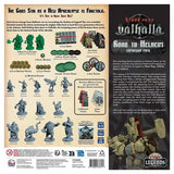 Back cover of 'Blood Rage Valhalla' expansion pack with game pieces and text.