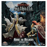 Board game box for 'Blood Rage Valhalla: Road to Helheim' featuring two characters in a fantasy setting.