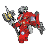 Red and gray robot character holding a large weapon on a white background